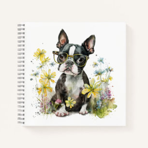 Boston-Terrier-Welpe mit Brille in Wildblumen Notizbuch