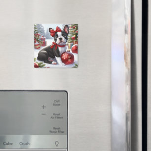 Boston Terrier Welpe mit Weihnachtsdekorationen Magnet