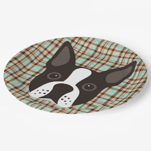 Boston-Terrier-Welpen-HundeTartan kariert Pappteller