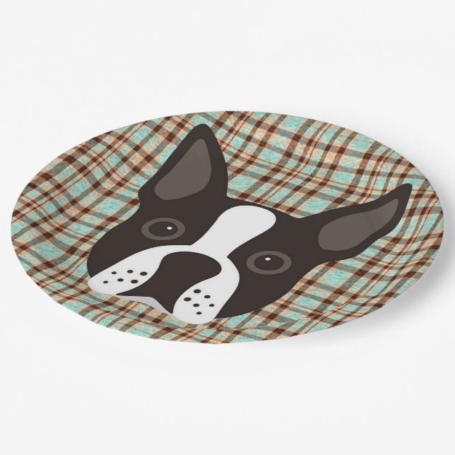 Boston-Terrier-Welpen-HundeTartan kariert Pappteller (Schrägansicht)