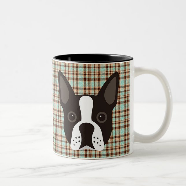 Boston-Terrier-Welpen-HundeTartan kariert Zweifarbige Tasse (Rechts)