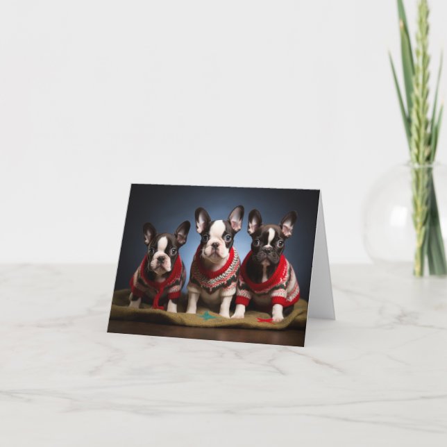 Boston Terrier Welppies Christmas Card Karte (Vorderseite)