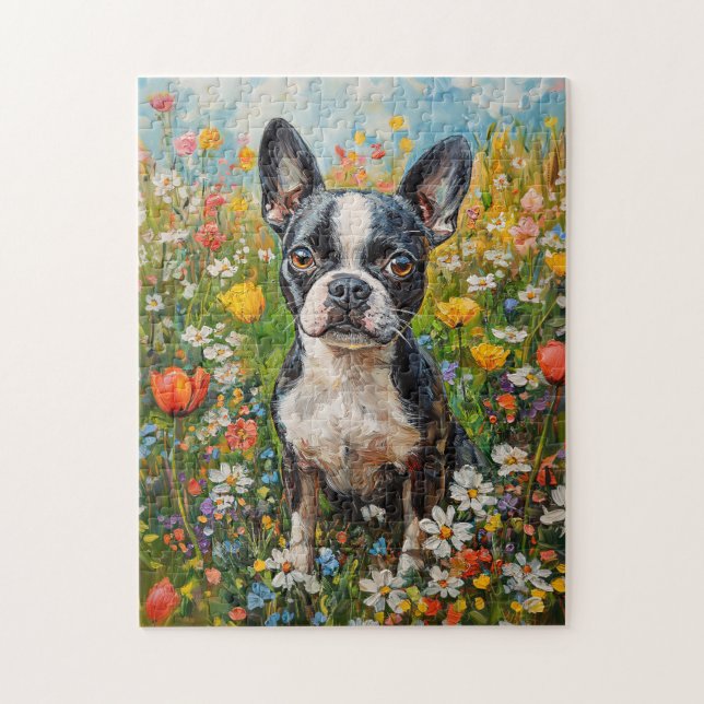 Boston Terrier Wildblume Field (Vertikal)