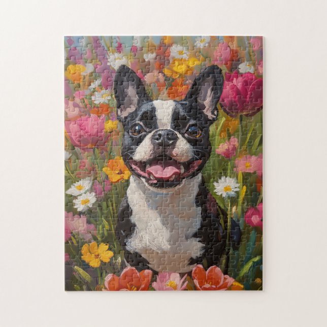 Boston Terrier Wildblume Field (Vertikal)