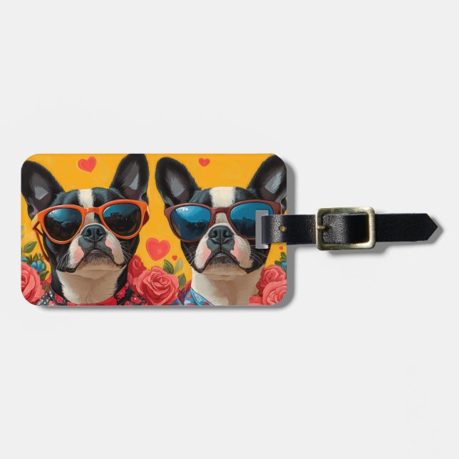 Boston Terrier with Heart Rose Valentinstag Gepäckanhänger (Vorderseite horizontal)