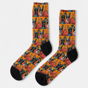Boston Terrier with Heart Rose Valentinstag Socken