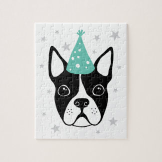 Boston terrier with party hat and stars