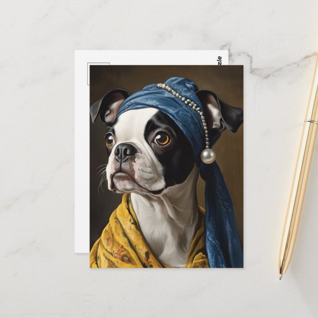 Boston Terrier with Pearl Earring Fine Art Parody Postkarte (Vorderseite/Rückseite Beispiel)