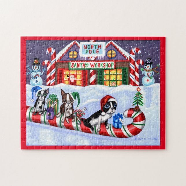 Boston Terriers Candy Cane Santa Christmas Snowman (Horizontal)