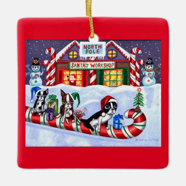 Boston Terriers Candy Cane Santa Christmas Snowman Keramikornament (Vorderseite)