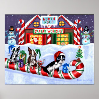 Boston Terriers Candy Cane Santa Christmas Snowman Poster