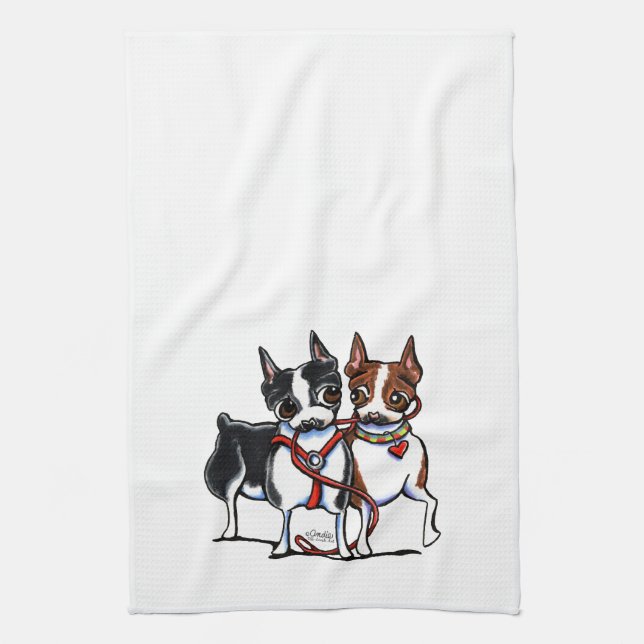 Boston Terriers Leashed Handtuch (Vertikal)