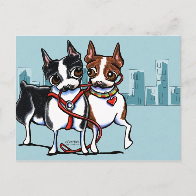 Boston Terriers Leashed Postkarte (Vorderseite)