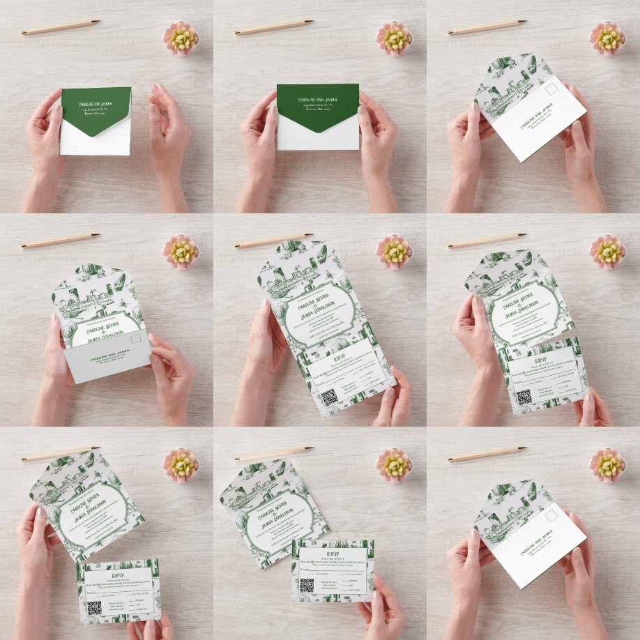 Boston Toile Forest Green AllinOne Wedite Einladun All In One Einladung