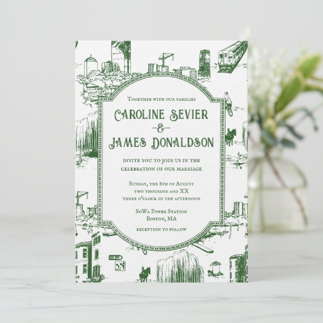 Boston Toile Forest Green Faire-part de mariage (Debout devant)