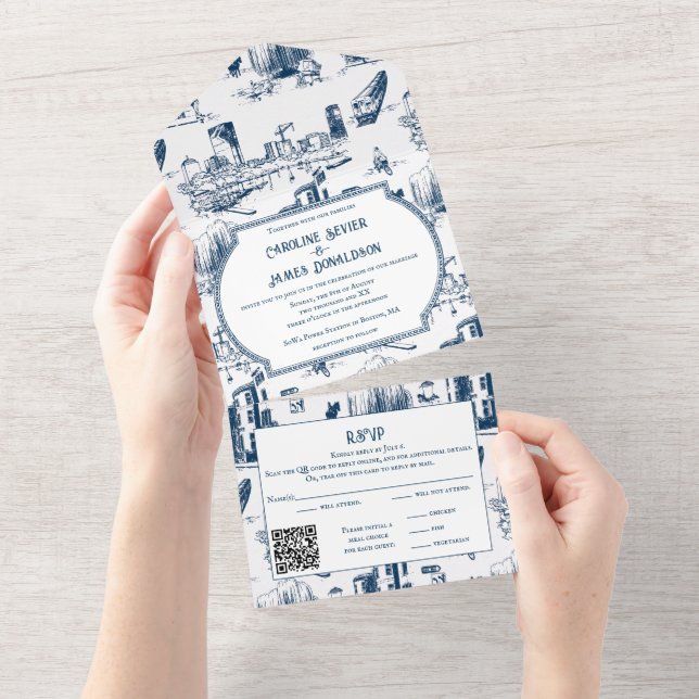 Boston Toile Navy All in One Wedite Einladung (Abreißen)