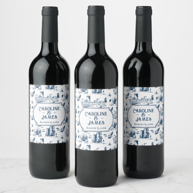 Boston Toile Navy Personalisiert Wedding Wine Labe Weinetikett (Flaschen)
