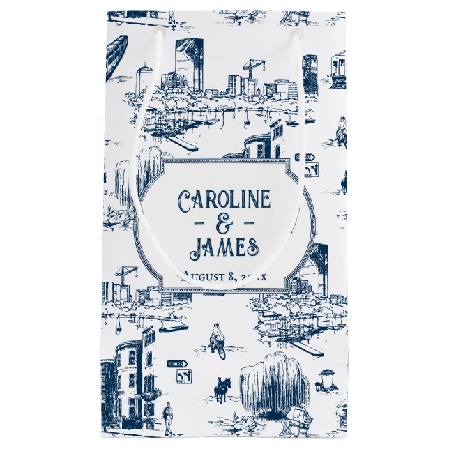 Boston Toile Navy Personalisierte Hochzeitsgeschen Kleine Geschenktüte (Vorderseite)