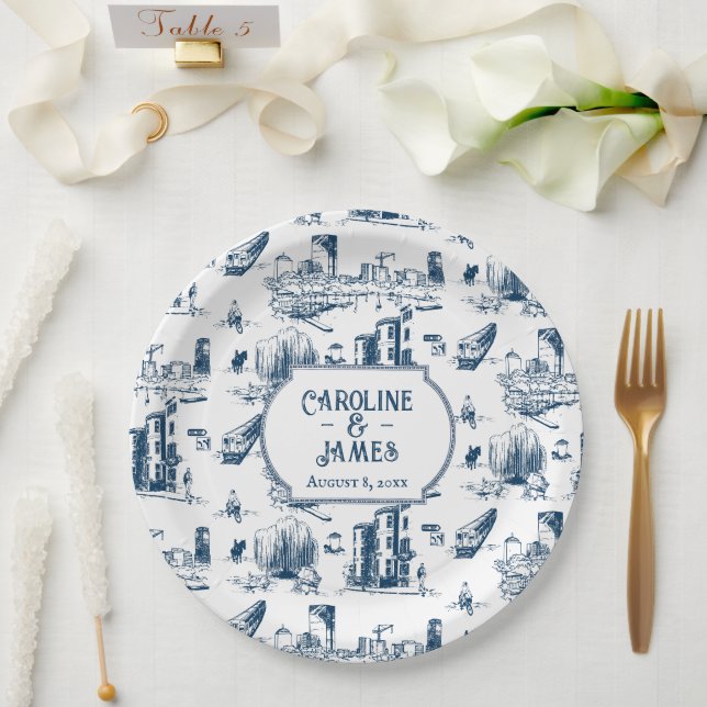 Boston Toile Navy Personalisierte Hochzeitspapierp Pappteller (Hochzeit)