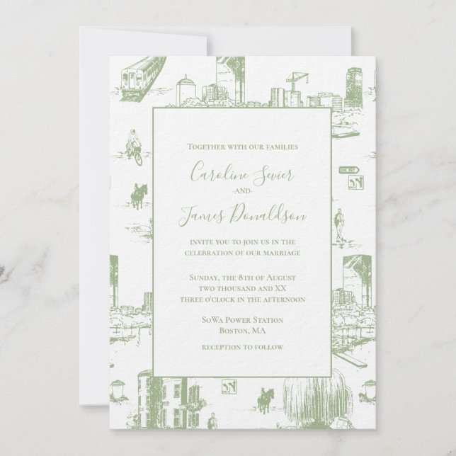 Boston Toile Sage Green Faire-part de mariage (Devant)