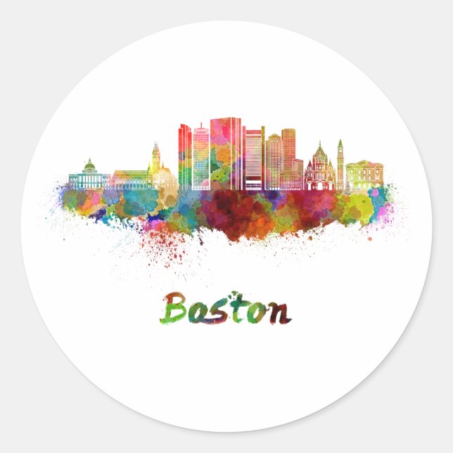 Boston V2 skyline im Watercolor Runder Aufkleber (Vorderseite)