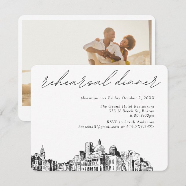 Boston Wedding Elegante Sketch Probe Dinner Begleitkarte (Vorne/Hinten)