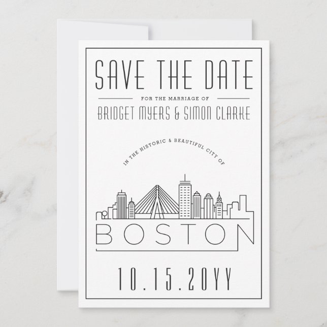 Boston Wedding | Stilisierte Skyline Save the Date Einladung (Vorderseite)