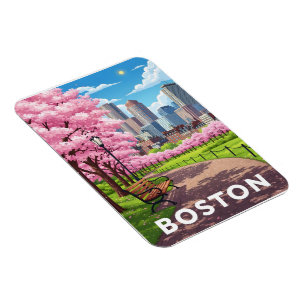 Bostoner Skyline unter blühenden Kirschblüten Magnet