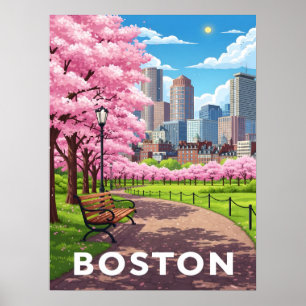 Bostoner Skyline unter blühenden Kirschblüten Poster
