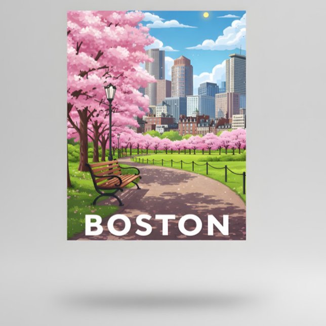 Bostoner Skyline unter blühenden Kirschblüten Postkarte (Von Creator hochgeladen)