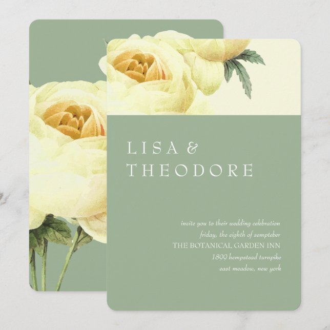 Botanica | Sage Yellow Vintage Wedding Einladung (Vorne/Hinten)