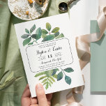 Botanica Save the Date Card<br><div class="desc">Vintage botanische Save the Date Karte zeigt Ihre Hochzeitsdetails, die einzigartig in schwarzem Schwarz-Blöcken und Kalligraphie-Schrift angeordnet sind, auf einem Hintergrund von bemalten grünen Aquarellfarben-Blätter, Ästen, Farnen und Blattwerk. Speichern Sie die Datumsangaben auf halber Weissgrün.</div>