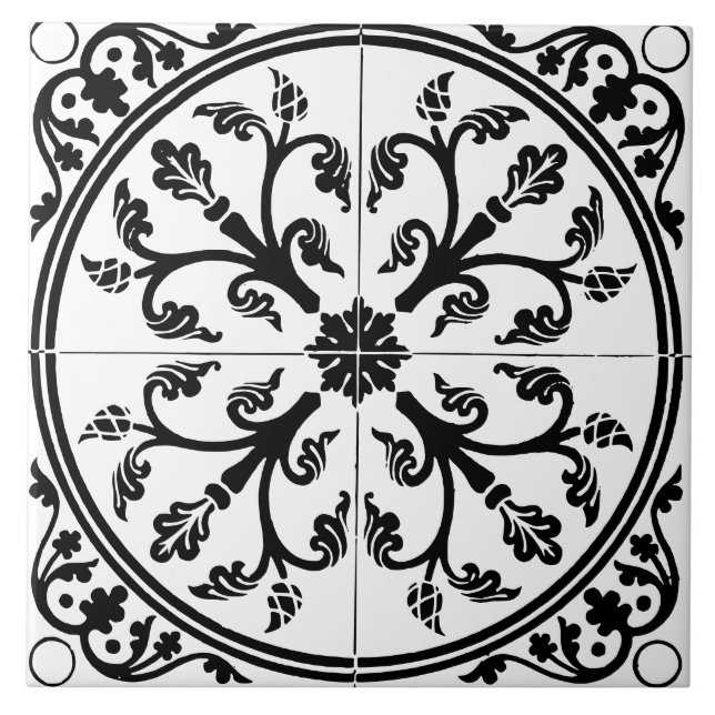 Botanical Abstract Circle Vintage Black and White Fliese (Vorderseite)