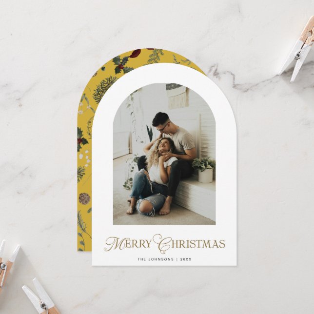 Botanical Arch Photo Gold Christmas Holiday Card Einladung (Vorderseite/Rückseite Beispiel)