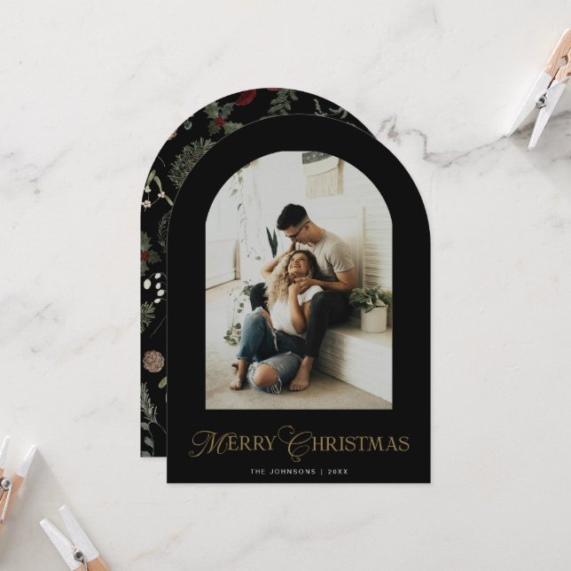 Botanical Arch Photo Merry Christmas Holiday Card Einladung (Vorderseite/Rückseite Beispiel)