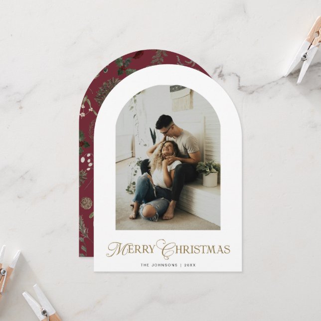 Botanical Arch Photo Red Christmas Holiday Card Einladung (Vorderseite/Rückseite Beispiel)