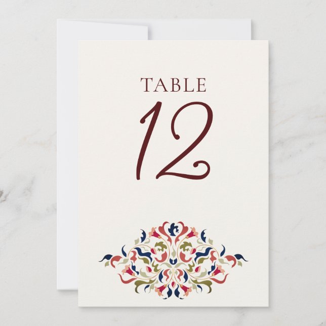 Botanical Art Floral Paisley Wedding Table Number Einladung (Vorderseite)