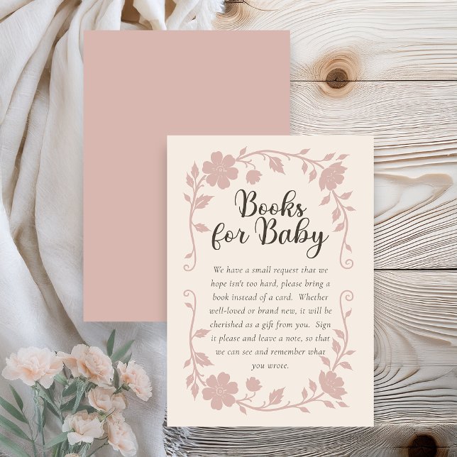 Botanical Baby Shower Book Request Card Blush Begleitkarte (Elegant botanical baby shower book request card with soft blush floral design on neutral background )