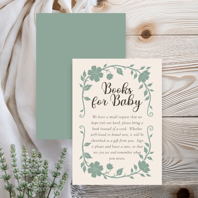 Botanical Baby Shower Book Request Card Sage Begleitkarte (Elegant botanical baby shower book request card - neutral sage)