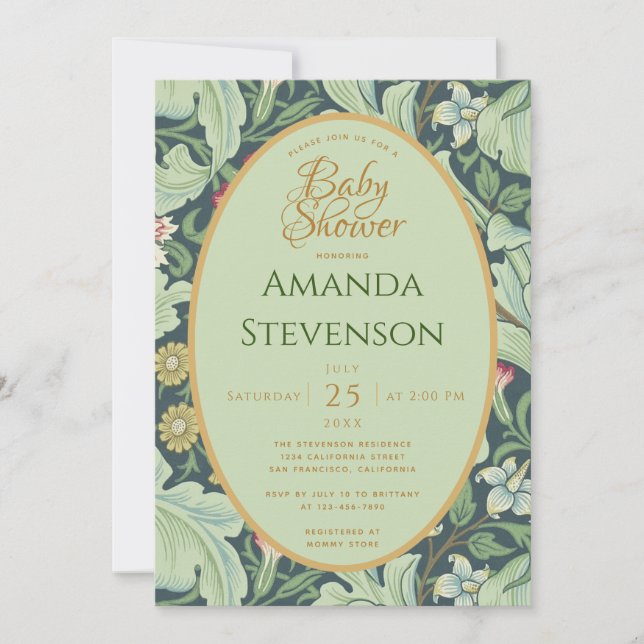 Botanical Baby Shower Gold Green Blätter Leicester Einladung (Vorderseite)