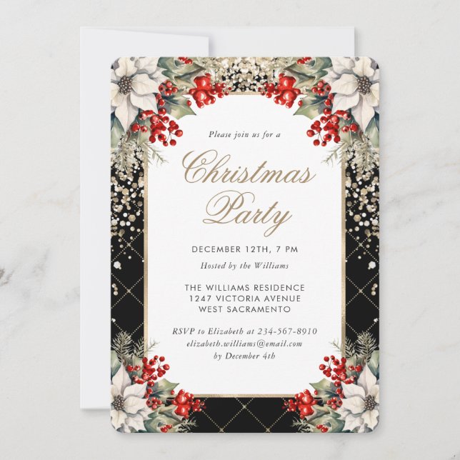 Botanical Black Gold Elegant Christmas Party Einladung (Vorderseite)