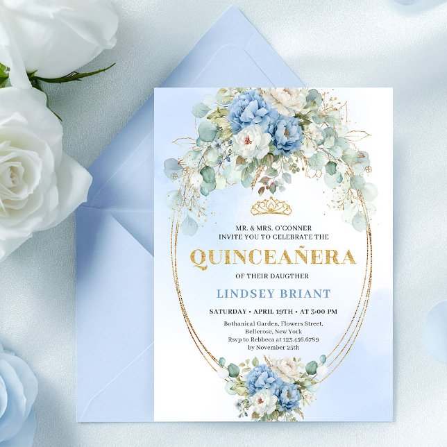 Botanical Blue Floral Quinceañera Invitation Gold (Botanical Blue Floral Quinceañera Invitation Gold)