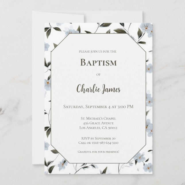Botanical Blue Green Baptism Invitation (Devant)