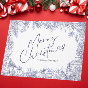 Botanical Blue Merry Christmas Illustration Karte