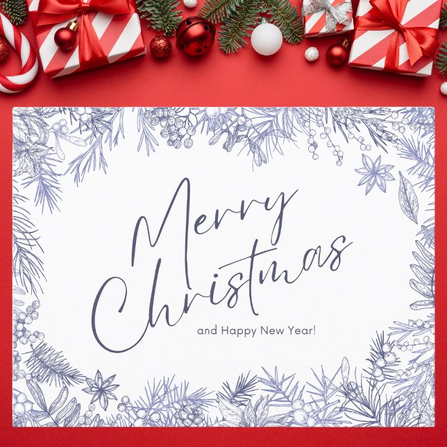 Botanical Blue Merry Christmas Illustration Postkarte (Von Creator hochgeladen)