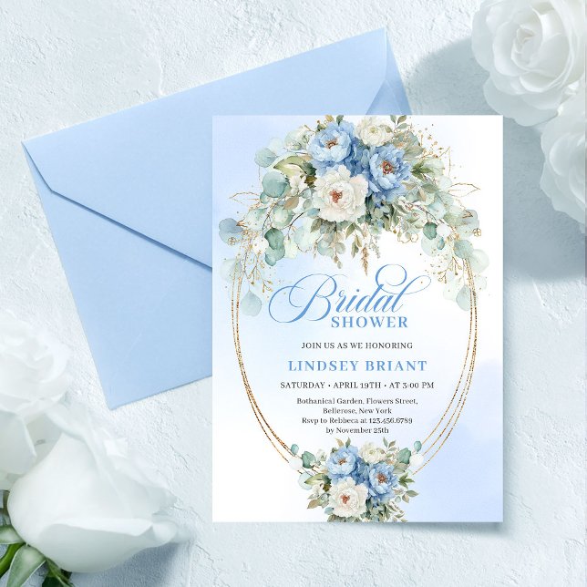 Botanical Blue Peony Eucalyptus Gold Bridal Shower Einladung (Botanical Blue Peony Eucalyptus Gold Bridal Shower Invite)