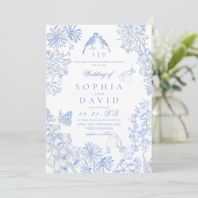 Botanical Blue White Rustic Wildflowers Wedding  Einladung (Stehend Vorderseite)