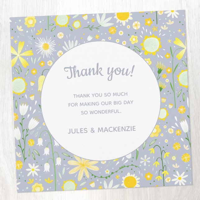 Botanical Blue Wildblume Floral Wedding Vielen Dan (Pastel yellow, white and blue wedding thank you card)