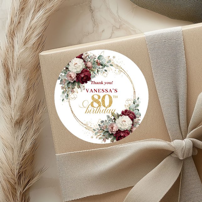 Botanical Blush Burgunder 80. Geburtstag Aufkleber (Botanical Blush Burgundy 80th Birthday Stickers)