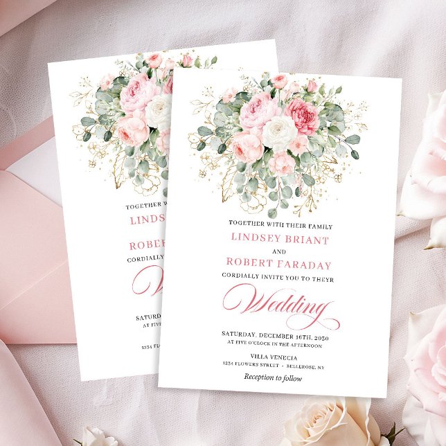 Botanical Blush Roses Gold Wedding Invitation Einladung (Botanical Blush Roses Gold Wedding Invitation)